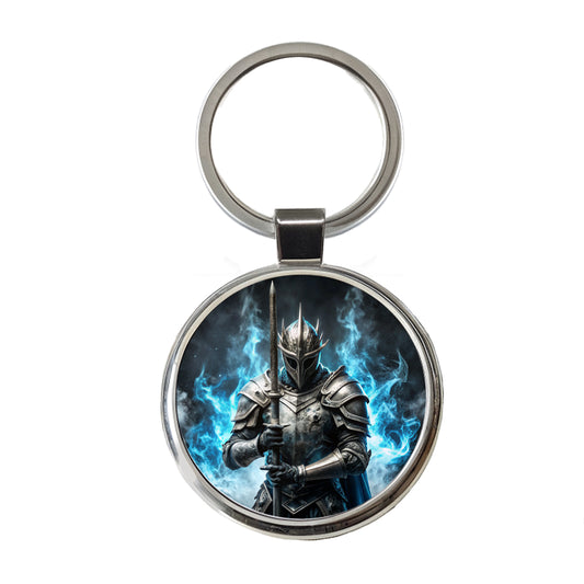Fantasy Warrior Knight Blue Flames Round Metal Keychain