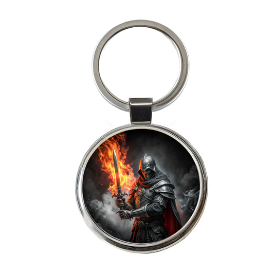 Fantasy Warrior Knight with Flaming Sword Round Metal Keychain