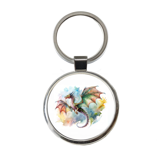 Fantasy Wyvern Dragon In Flight Watercolor Round Metal Keychain