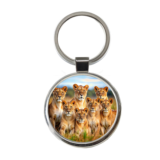 Female Lions Round Metal Keychain