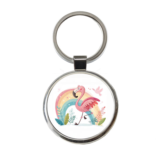 Flamingo and Rainbow Children's Illustration Style Round Metal Keychain