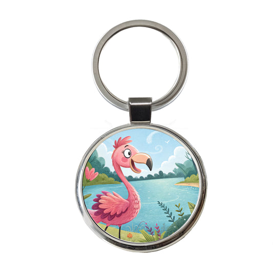 Flamingo Children's Illustration Style Round Metal Keychain