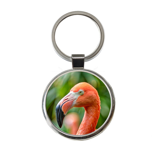 Flamingo Face Round Metal Keychain