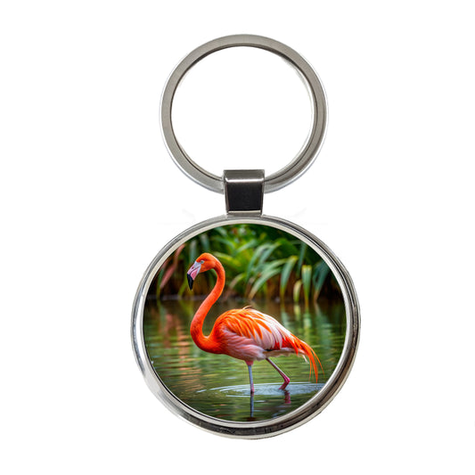 Flamingo Round Metal Keychain