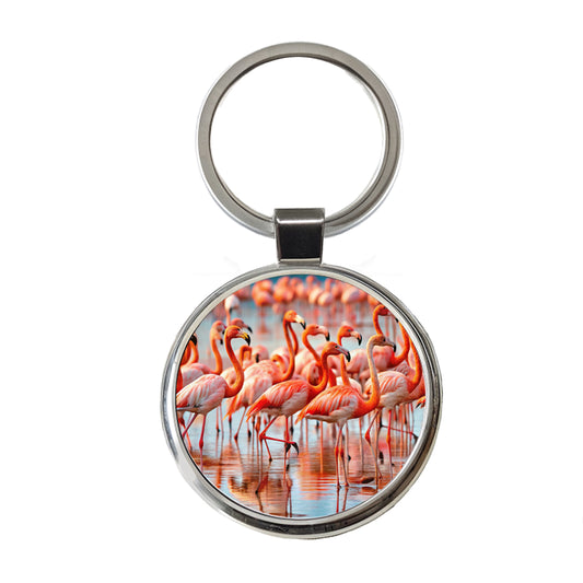 Flamingos Round Metal Keychain