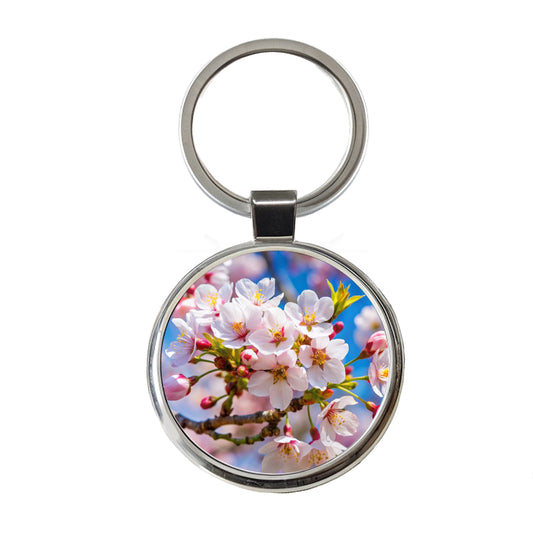 Flowering Cherry Tree Branch Round Metal Keychain