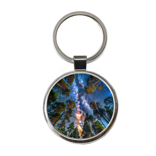 Forest Trees and Starry Night Sky Round Metal Keychain