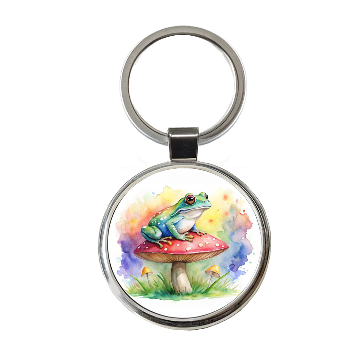 Frog Sitting On A Magical Mushroom Watercolor Round Metal Keychain