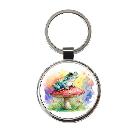 Frog Sitting On A Magical Mushroom Watercolor Round Metal Keychain