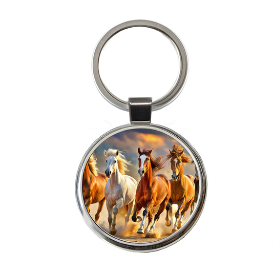 Galloping Horses Round Metal Keychain