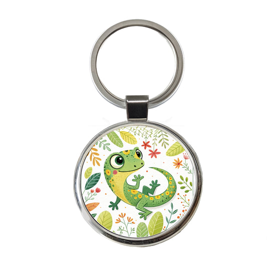 Gecko Lizard Children's Illustration Style Round Metal Keychain
