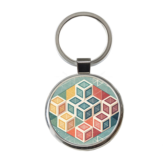 Geometric Cube Pattern Design Round Metal Keychain