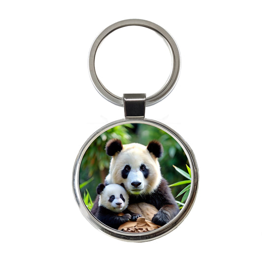Giant Panda Mother With Baby Round Metal Keychain