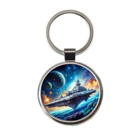 Giant Sci-Fi Warship In Space Watercolor Round Metal Keychain