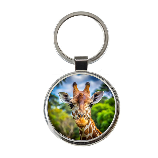 Giraffe Face Round Metal Keychain