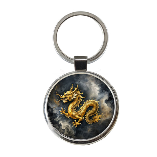 Gold Asian Dragon Watercolor Round Metal Keychain