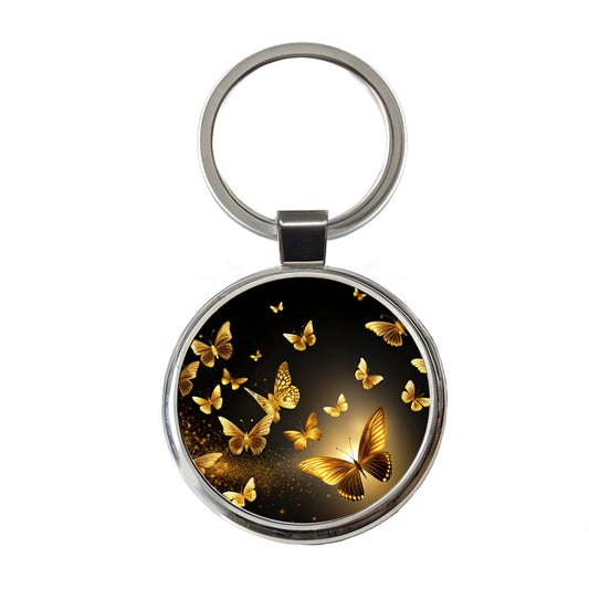 Gold Butterflies Flying Round Metal Keychain