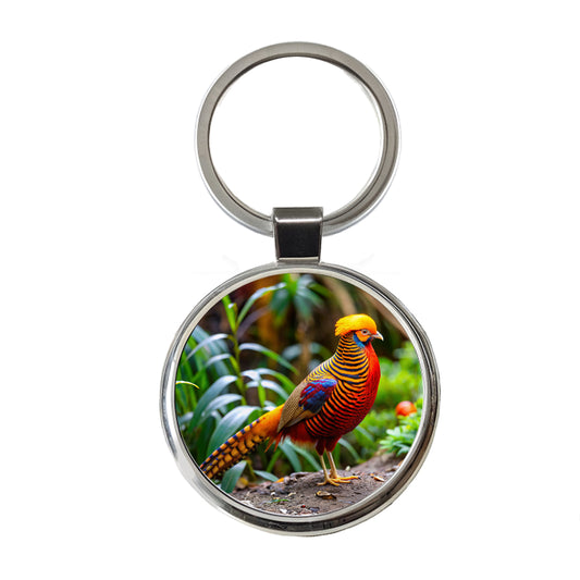 Golden Pheasant Round Metal Keychain