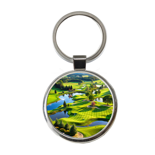 Golf Course Overview Round Metal Keychain