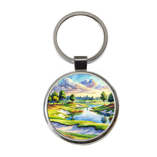 Golf Course With Sand Traps And Lake Watercolor Round Metal Keychain