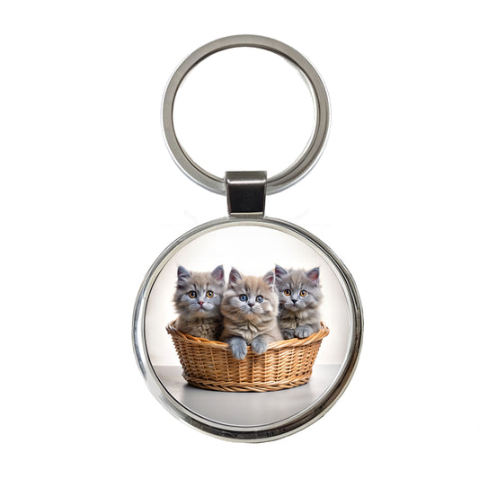 Gray British Longhair Kittens In A Basket Round Metal Keychain