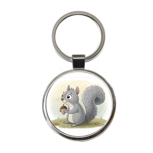 Gray Squirrel Children's Illustration Style Round Metal Keychain