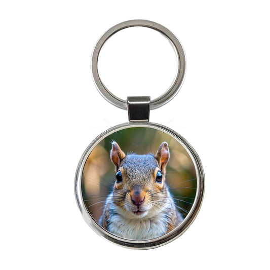 Gray Squirrel Face Round Metal Keychain