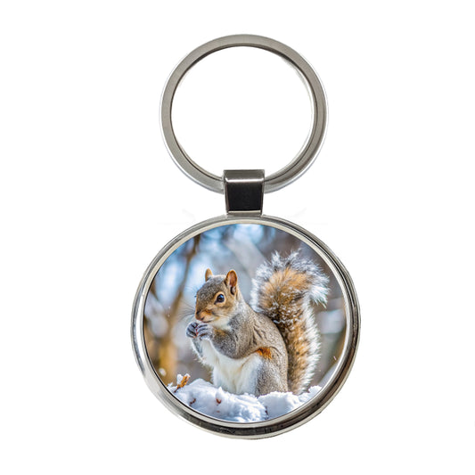 Gray Squirrel In Winter Round Metal Keychain