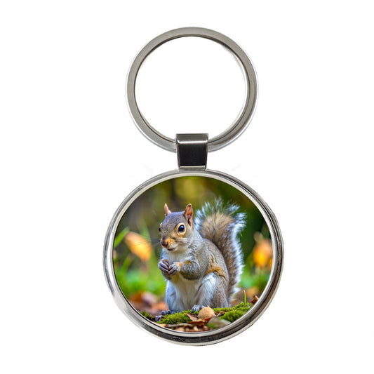 Gray Squirrel Round Metal Keychain
