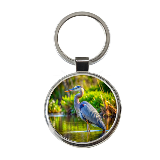 Great Blue Heron Round Metal Keychain