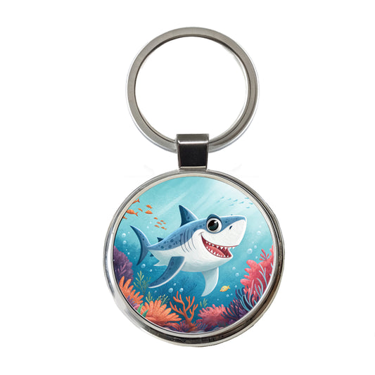 Great White Shark Children's Illustration Style Round Metal Keychain