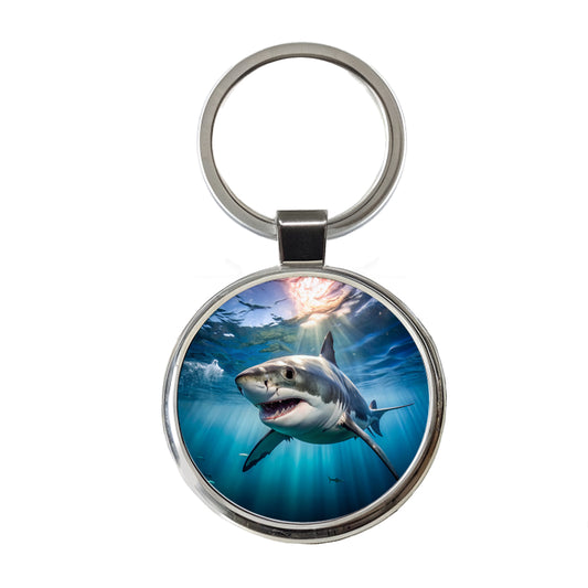 Great White Shark in the Ocean Round Metal Keychain