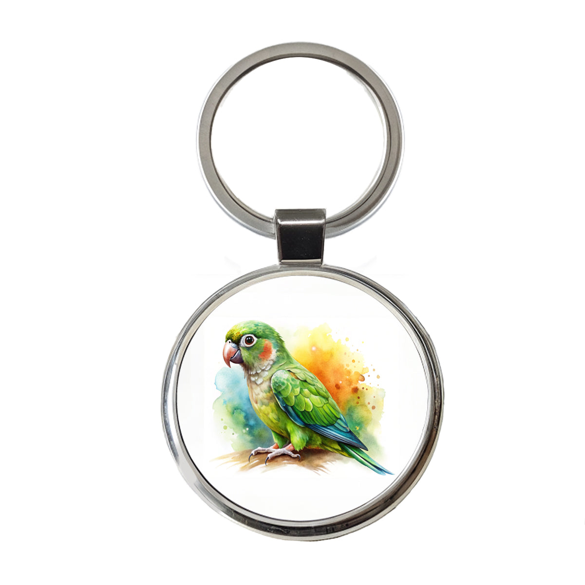 Green Conure Parakeet Bird Watercolor Round Metal Keychain