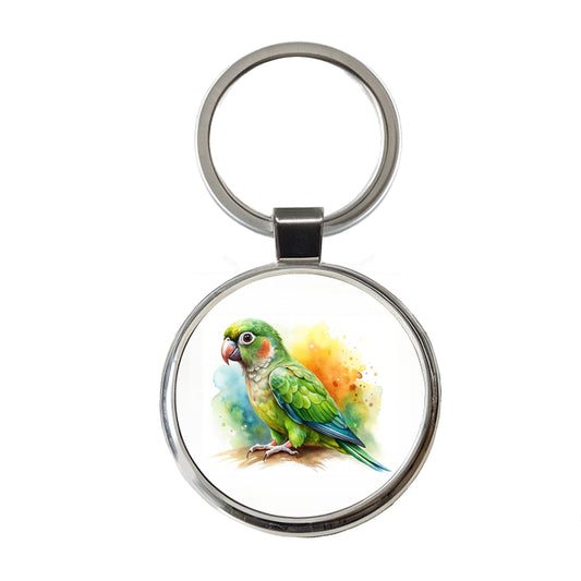 Green Conure Parakeet Bird Watercolor Round Metal Keychain
