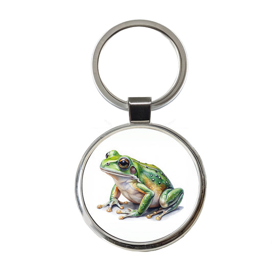 Green Frog Watercolor Round Metal Keychain