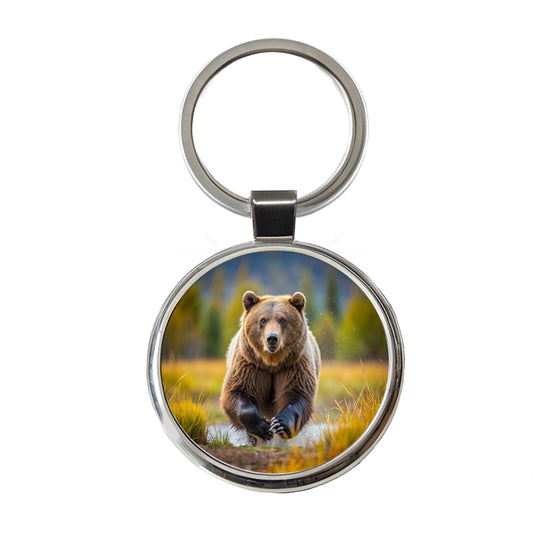 Grizzly Bear Chasing You Round Metal Keychain