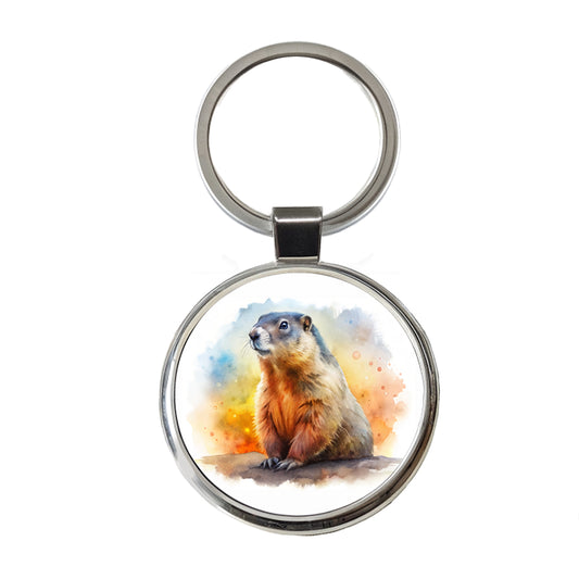 Groundhog Watercolor Round Metal Keychain