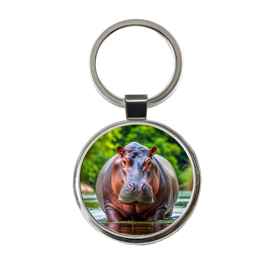 Hippopotamus Round Metal Keychain