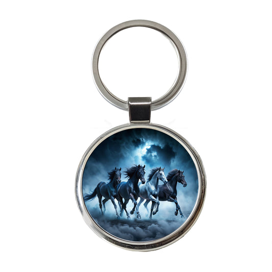 Horses Galloping Out Of The Night Mists Round Metal Keychain
