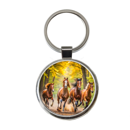 Horses Galloping Through The Forest Round Metal Keychain