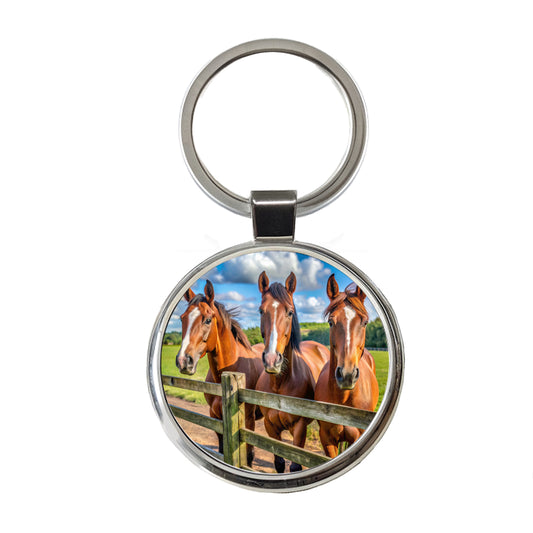 Horses Standing At The Fence Round Metal Keychain