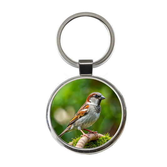 House Sparrow Backyard Bird Round Metal Keychain