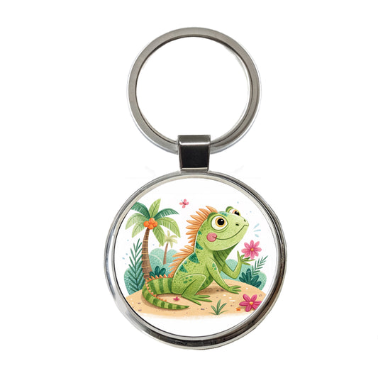 Iguana Lizard Children's Illustration Style Round Metal Keychain