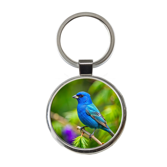 Indigo Bunting Backyard Bird Round Metal Keychain