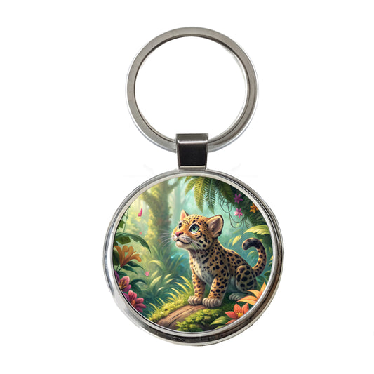 Jaguar Cat In Jungle Children's Illustration Style Round Metal Keychain