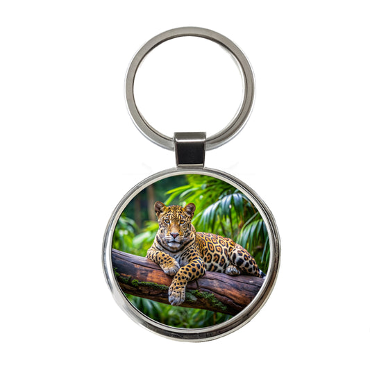 Jaguar Lying On Tree Limb In Jungle Round Metal Keychain