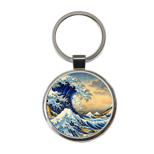 Japanese Blue Ocean Waves Ink Painting Round Metal Keychain