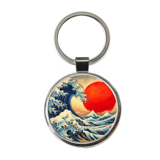 Japanese Blue Ocean Waves Large Red Sun Ink Painting Round Metal Keychain