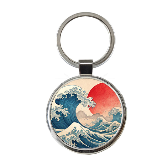 Japanese Blue Ocean Waves Large Sun Round Metal Keychain