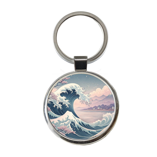 Japanese Blue Pink Ocean Waves and Sakura Blossoms Round Metal Keychain